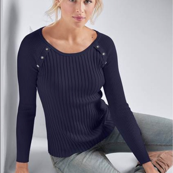 SABIE Women’s Navy Six Button Detail Business Casual Long Sleeve Sweater Top M - Picture 1 of 6